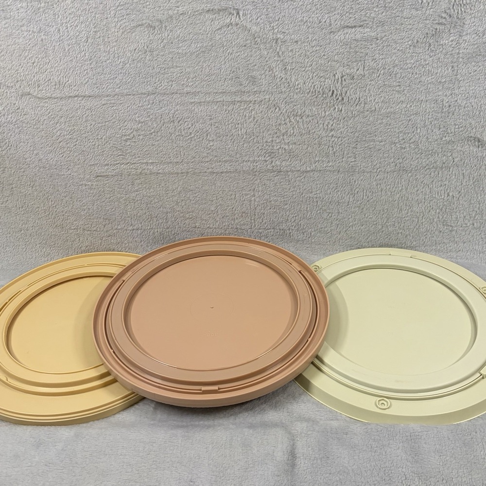 Vintage Plastic Lazy Susan Turntable Lot of 3 Retro Kitchen Mustard Almond Tan - Picture 2 of 8